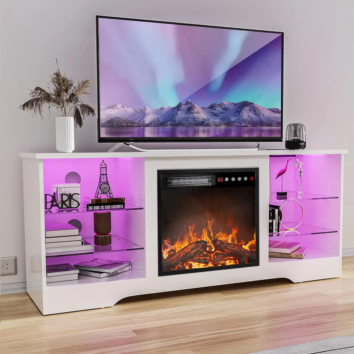 Fireplace TV Stand with 18''Fireplace, Modern Entertainment Center for TVs up to 65 inch, Media TV Console with Adjustable Glass