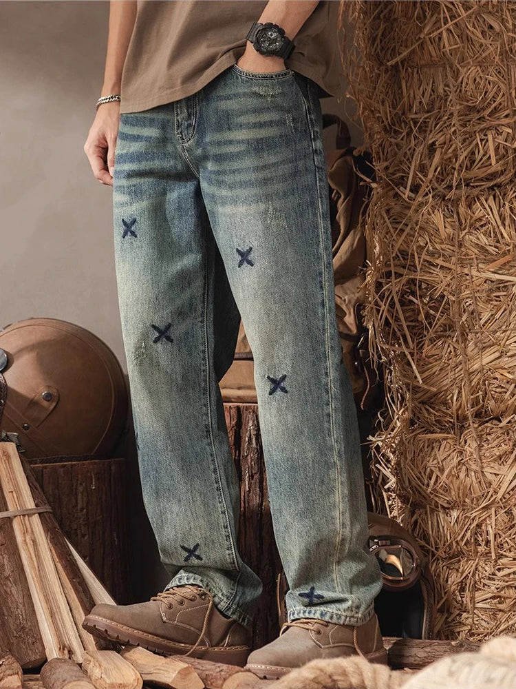 REDDACHiC Big Size Cross Embroidered Men Straight Jeans Cleanfit Frayed Denim Pants Brushed Retro Y2k Trousers Korean Streetwear