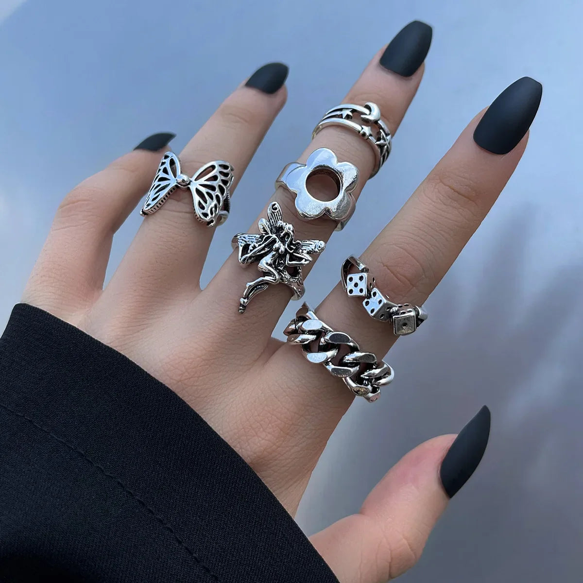 6Pcs Punk Poker Joker Silver Color Rings Set for Men Goth Skeleton Billiards Set Couple Emo Fashion Jewelry Anillos Hombre