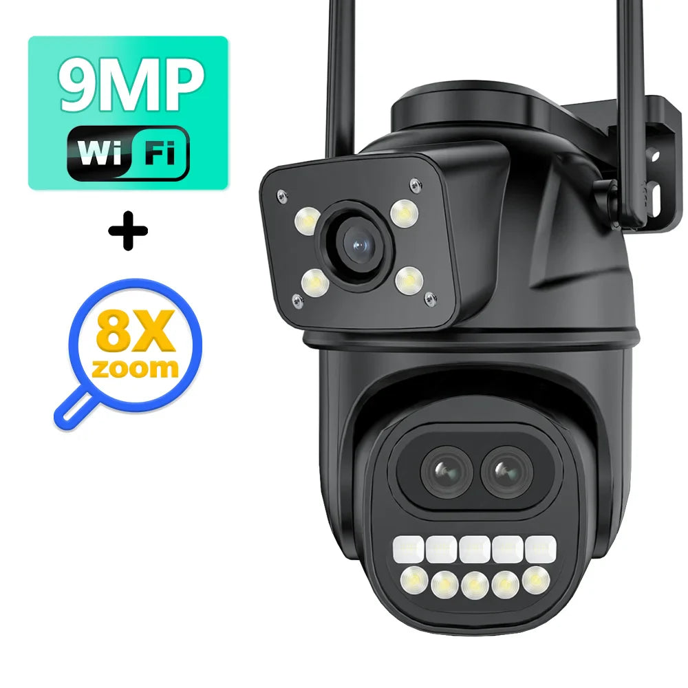 9MP 4K HD WiFi IP Camera Outdoor 8X Zoom Three Lens Dual Screen PTZ Cam Auto Tracking 8MP Security Video Surveillance CCTV Alexa