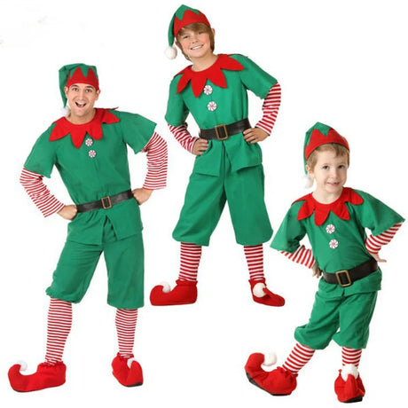 Boys Christmas Elf Costume Girls Xmas Santa Claus Green Elf Dress For Kids Adults Family Matching Outfits Cosplay Clothing Sets