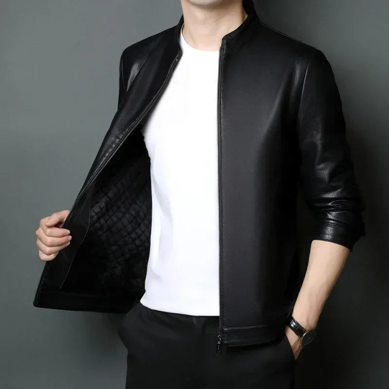 Genuine Leather Clothes Men's Stand Collar Luxury Leather Jacket Autumn and Winter plus Velvet Warm Leisure Simple Leather Coat