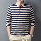 Cotton Spring And Autumn New Business Leisure Lapel Long Sleeve Stripe Contrast Youth T-shirt  5605