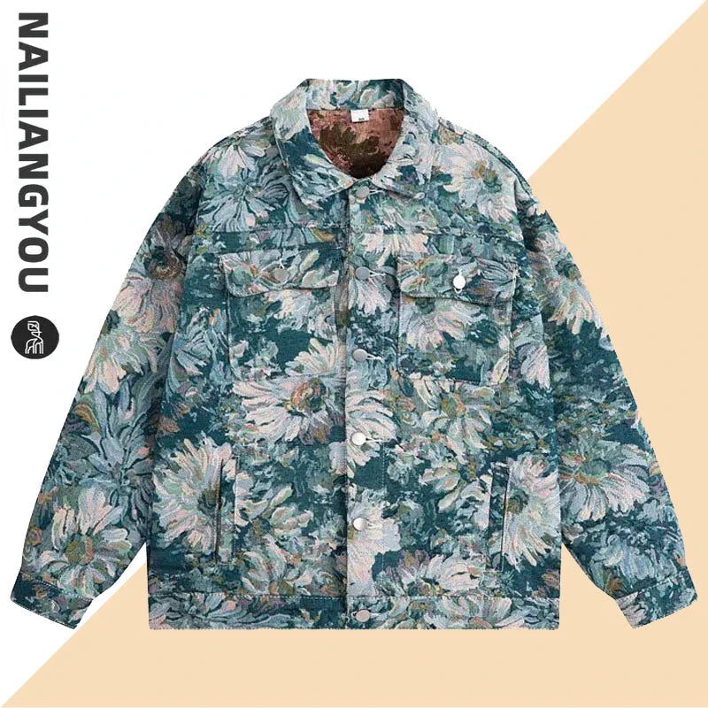 Full Flowers Jacquard Denim Jacket Men Korean Fashion Turndown Collar Jacket Women Loose Couples Casual Coat Autumn 2023