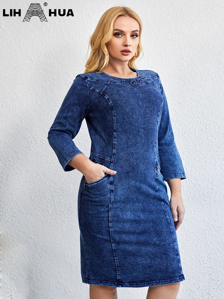 LIH HUA Women's Plus Size Denim Dress Autumn Chic Elegant Dresses For Chubby Women Round Neck Cotton Knitted Dress