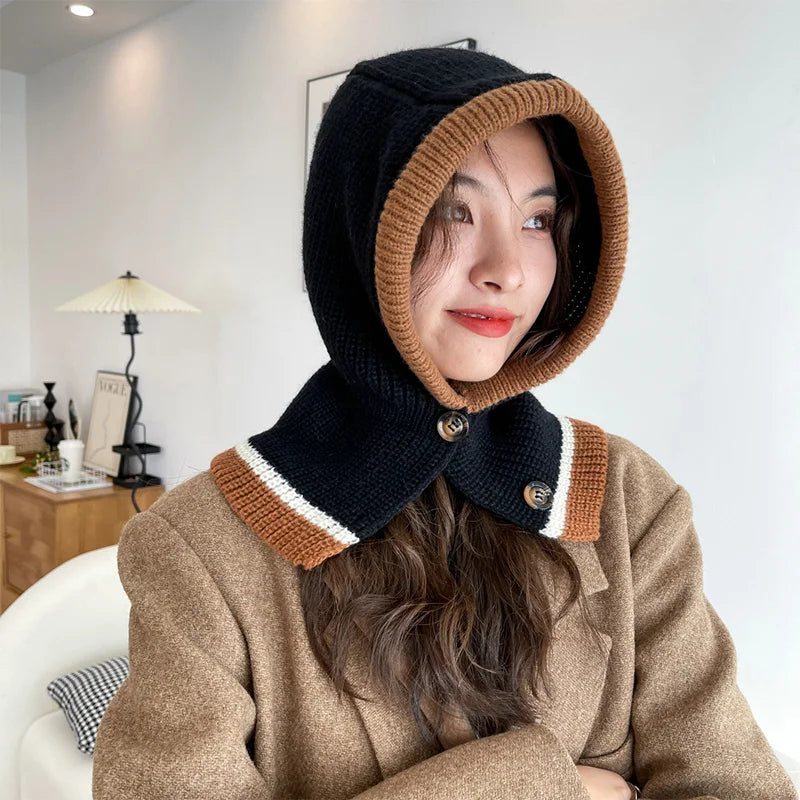 Korean Balaclava Beanie Cap Winter One Piece Knitted Scarf Hat Hood Neckerchief Women Neck Collar Warmer Thickened Hooded Hats