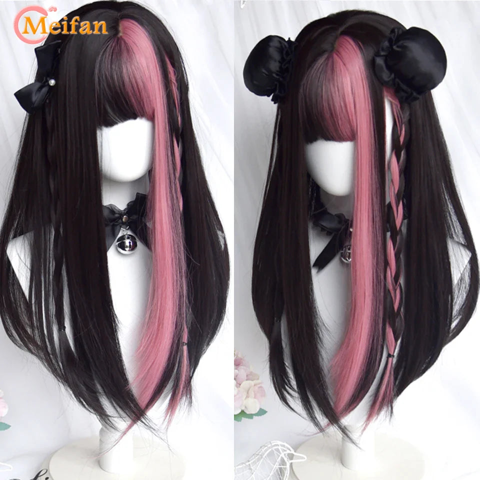 MEIFAN Synthetic Long Straight Lolita Wig with Bangs Wig Girl Cute Mixed Black Red Blonde Cosplay Party Halloween Harajuku Wig