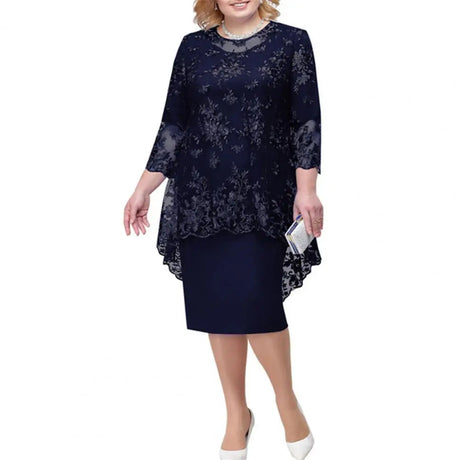 O-neck High-Waist Plus Size Midi Dress Party Dress Embroidery Lace 3/4 Sleeve Lady Evening Dress Elegant Bodycon Female Clothing