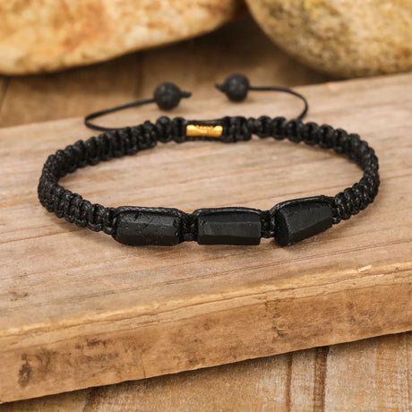 Natural Black Tourmaline Nugget Beads Cord Knotted Braid Bracelet Adjustable Women Black Lava Stone Woven Bracelet