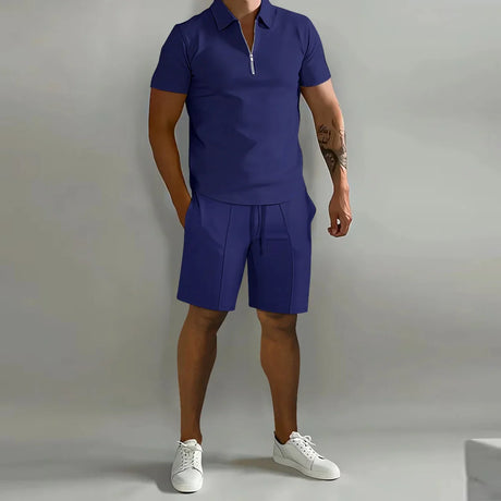 Summer New Solid Color Men's Sets High Street POLO Collar Short Sleeve Zip Fastener Pullovers Elastic Waist Pockets Y2K Shorts