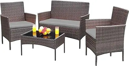 Patio Furniture Outdoor Acacia Wood  Conversation Sofa Set with Table & Cushions Porch Furniture for Porch/Balcony/Backyard