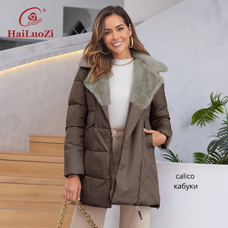 HaiLuoZi 2023 New Women's Jacket Short Warm Hooded With Fur Female Winter Outwear Slant Pockets Fashion Women Coat 1123