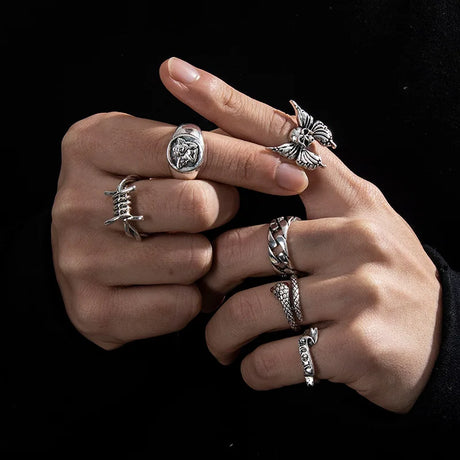 6Pcs Punk Poker Joker Silver Color Rings Set for Men Goth Skeleton Billiards Set Couple Emo Fashion Jewelry Anillos Hombre