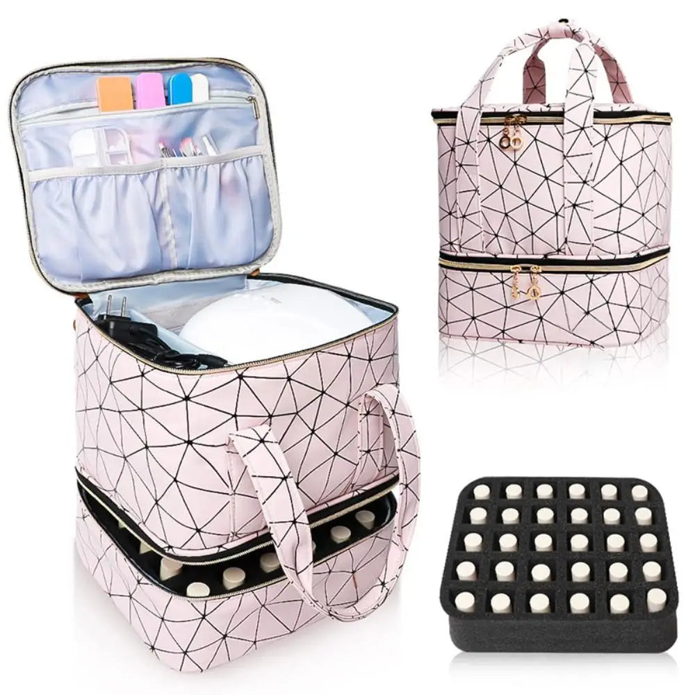 30 Grids Nail Organizer Black/Pink Double Layer Manicure Bag with Handle PU Nylon Makeup Bag Cosmetic Organizer Bag Handbag