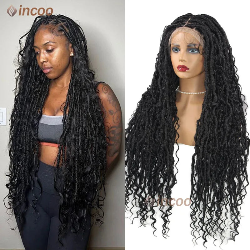 32" Butterfly Loc Full Lace Front Braided Wig With Curly Hair Distressed Knotless Box Braided Wigs For Women Black Twist Wigs