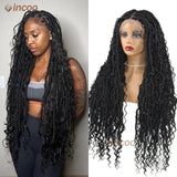 32" Butterfly Loc Full Lace Front Braided Wig With Curly Hair Distressed Knotless Box Braided Wigs For Women Black Twist Wigs