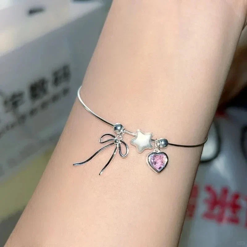 New Kpop Aesthetic Pink Crystal Heart Bowknot Star Pendant Charm Bracelet Girl Y2K Harajuku Jewelry EMO 2000s lolita Accessories