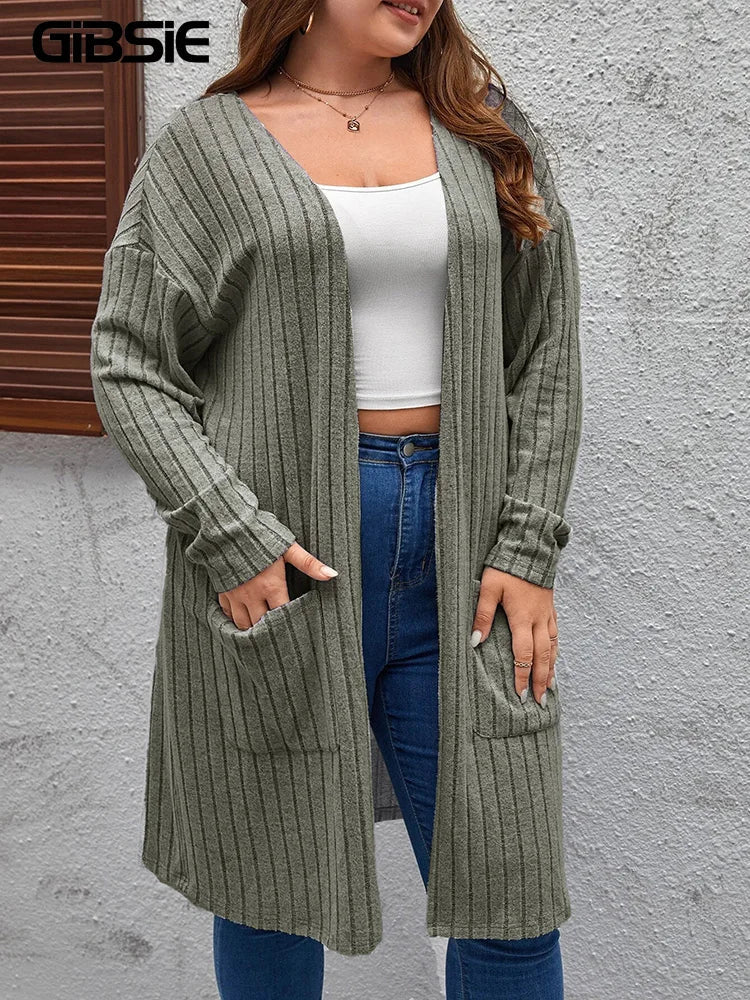 GIBSIE Plus Size Solid Rib Knit Open Front Cardigans Women Spring Autumn Casual Long Sleeve Korean Female Mid-Long Cardigan Coat