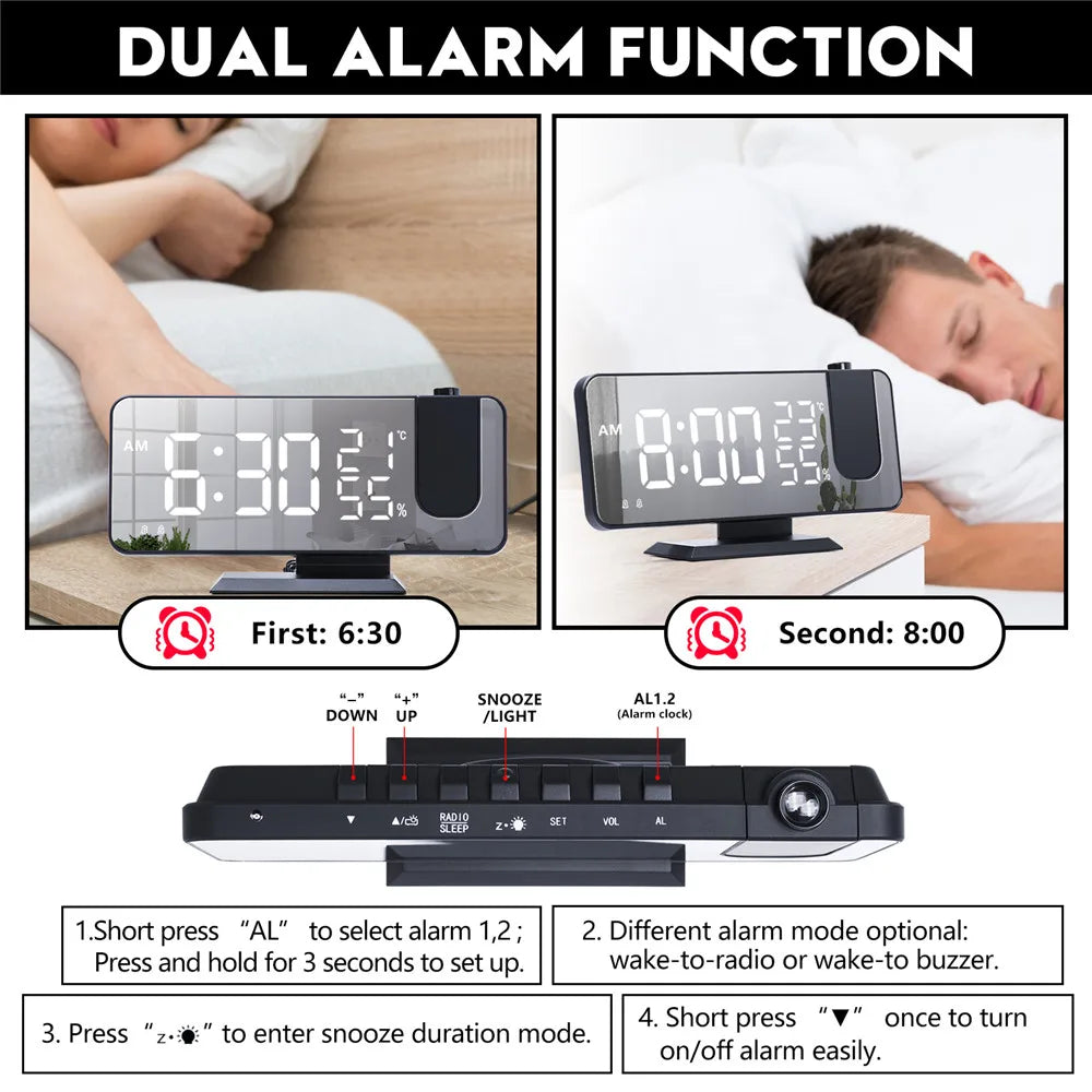 FM Radio Digital Alarm Clock Temp Humidity with 180°  Time Projector Electronic Table Clock 12/24H Snooze Projection LED Clock