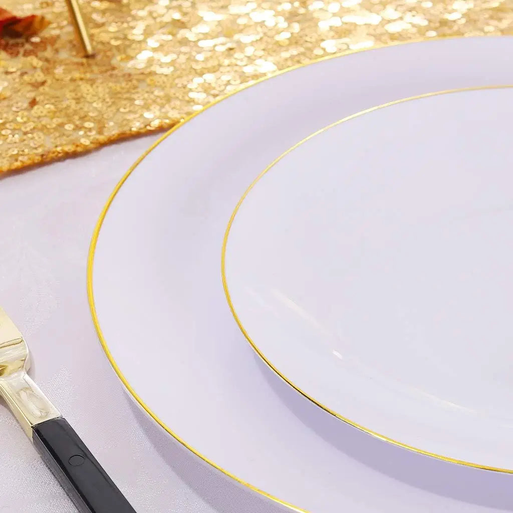 Nervure 100Pieces White with Gold Rim Plastic Plates - 7.5inch Disposable Gold Salad/Dessert Plates - White and Gold Plastic Pla