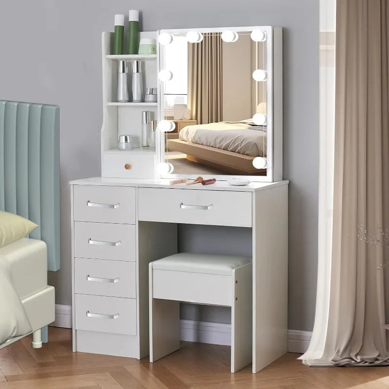 Logimiz Modern Vanity Desk with Mirror and Lights, White Vanity Desk with Stool and 6 Storage Drawers, Bedroom Makeup Vanity