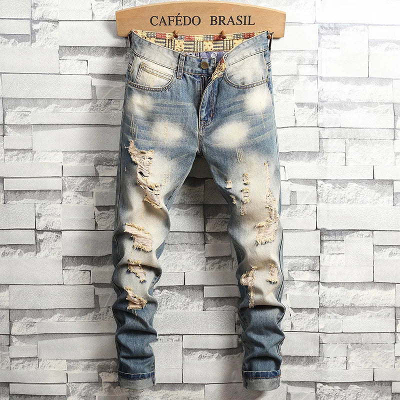 Distressed Ripped Jeans Men's Retro Blue Fashion Slim Motorcycle Trousers Male Hip-hop Street Male Hole Denim Pants