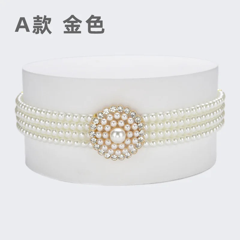 New Ladies Pearl Waist Chain Rhinestone Pearl Decorative Belt Fashion Sweet Dress Elastic Elastic Belt Women’s Designer Belts