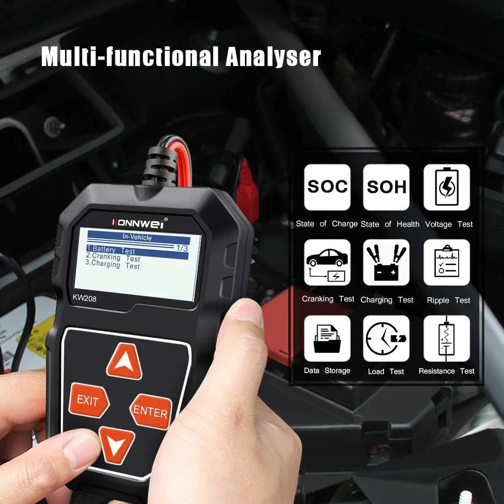 KONNWEI KW208 Battery Tester 12V Automotive Battery Charger Inspection Tools 100 to 2000CCA Cranking Charging Circut Analyzer