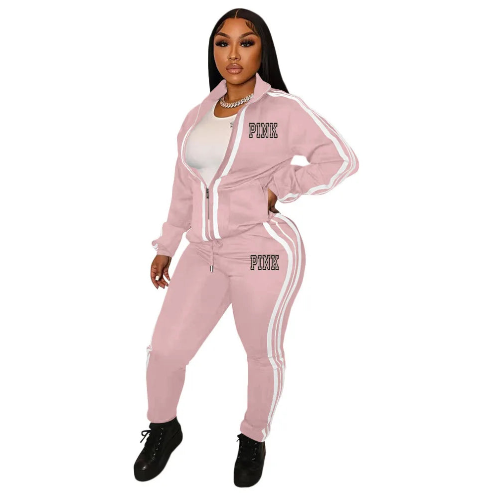 Ladies Tracksuits 2 Piece Set Sports Suit Zipper V Neck Long Sleeve Pink Letter Striped Print Pants Set Zipper Jacket Tops Suit