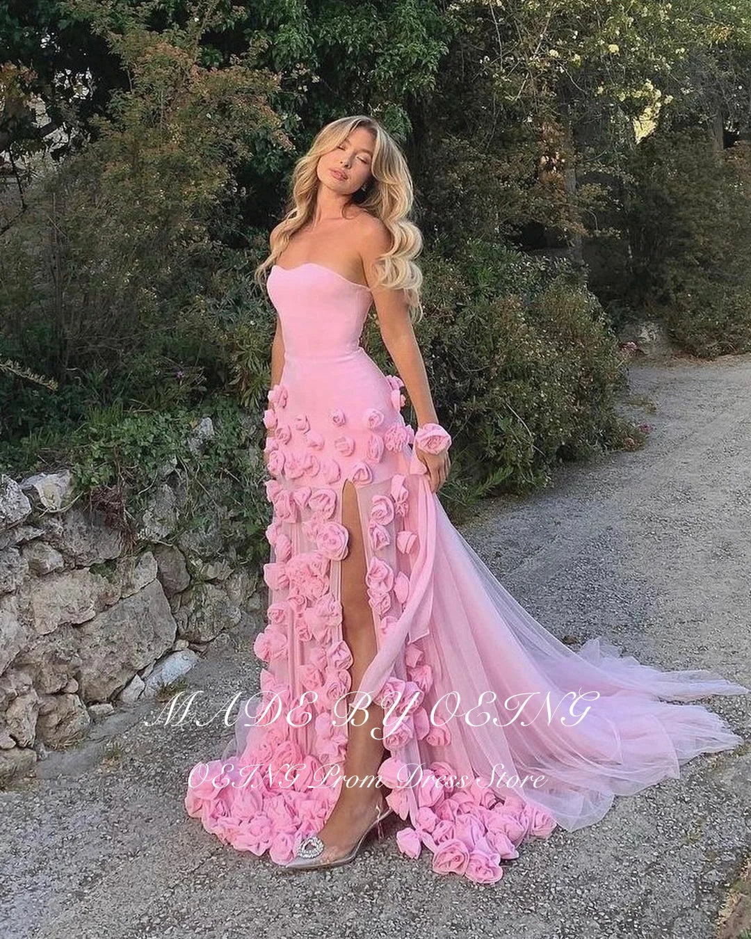 OEING Elegant Baby Pink Evening Dress Floor Length Tiered Pleated Tulle Prom Dresses Vestidos De Noche For Formal Occasion Gala