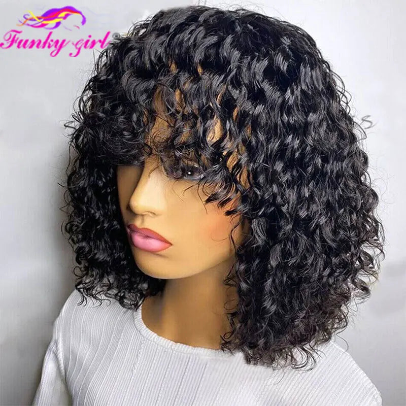 Short Curly Bob Human Hair Wig With Bangs Pixie Bob Cut Glueless Wigs Water Wave Full Machine Natural Black Cheap Wigs For Women