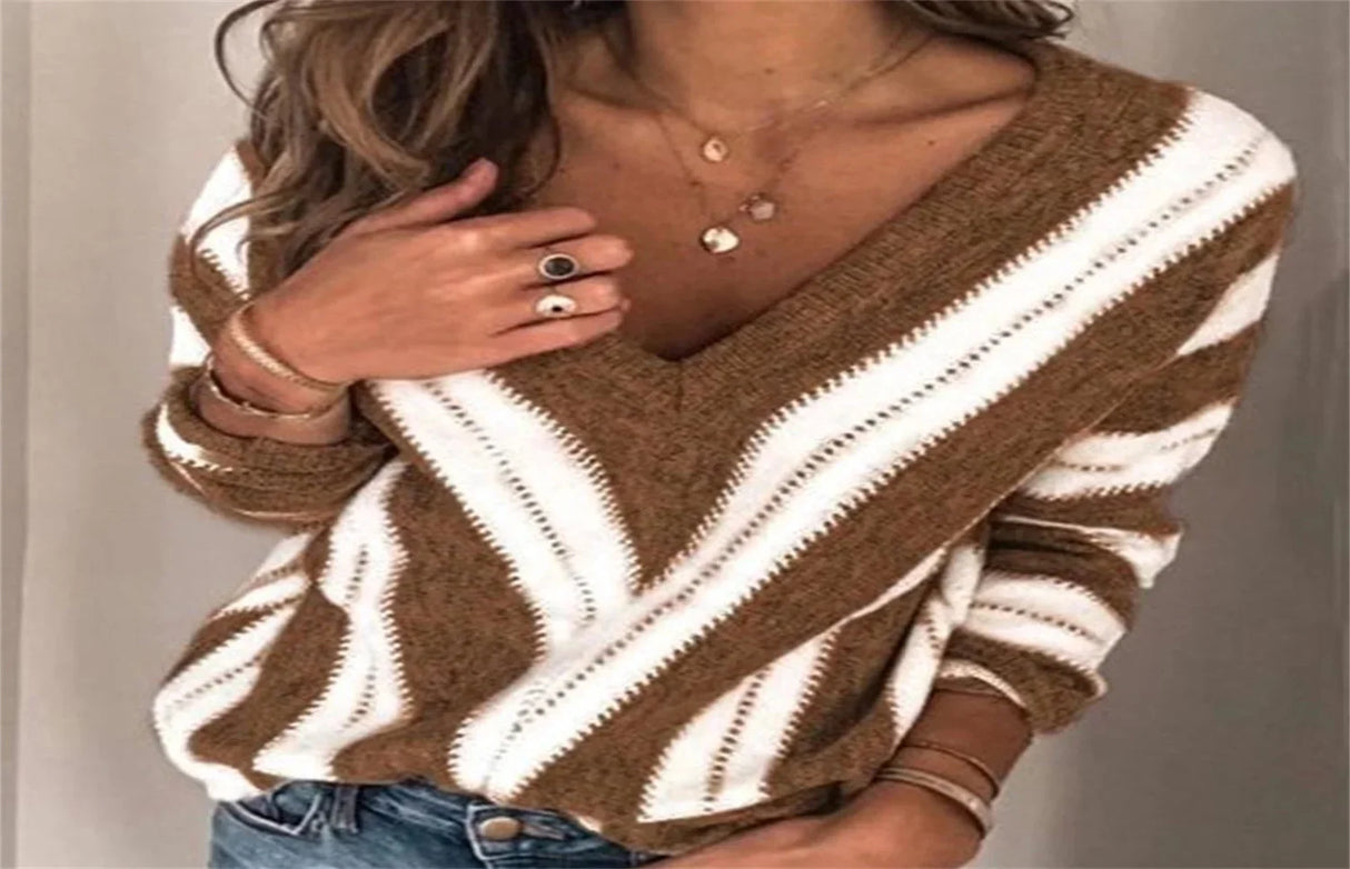 Fashion V Neck Striped Knitted Women Sweater Oversized Loose Pullover 2023 Autumn Winter Female Plus Size Knitwear Lady Jumpers