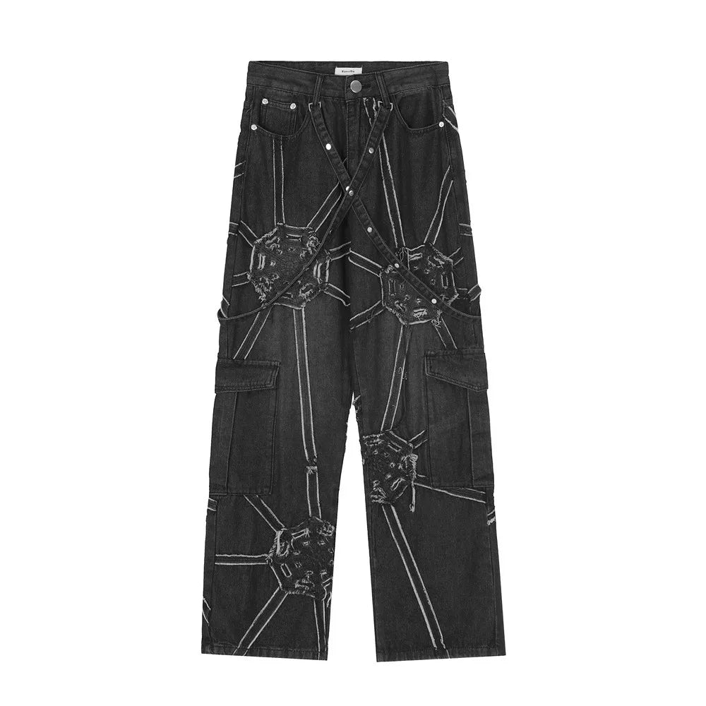 Vintage Gear Patch Punk Jeans High Street Spiderweb Straight Leg Pants Men's Wide Leg Pants Black Cargo Pants Y2k Clothes Baggy