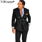 Designer Green Suits for Men 2 Piece Blazer Sets Double Breasted Belt Wedding Party Travel Suit trajes de hombre Jacket+Pants