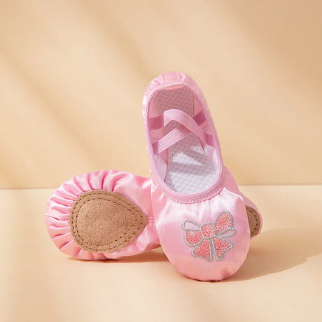 Girl's Satin Ballerina with Embroidered Dance Shoes Ballet Slipper Flats Split Leather Sole Gymnastics  (Toddler/Little Kid/Big)