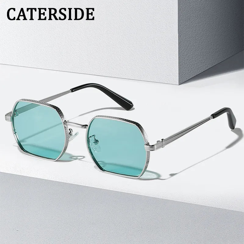 CATERSIDE Punk Polygon Classic Sunglasses Men Women Retro Fashion Man Square Metal Sun Glasses Trendy Vintage Texture Eyewear