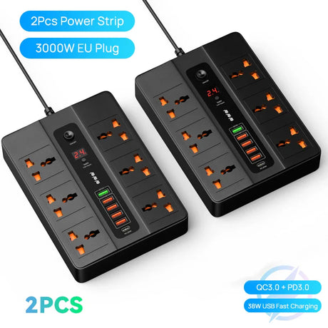 3000W 6 AC Outlets Power Strip 20W PD QC3.0 USB Fast Charger 6 Ports Type C Quick Charge Station Adapter for iPhone Samsung