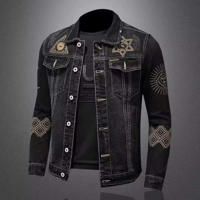 New Spring and Autumn Men's Denim Jacket Classic Retro Embroidered Lapel Motorcycle Jacket Trendy Fashion Loose Casual Denim Top