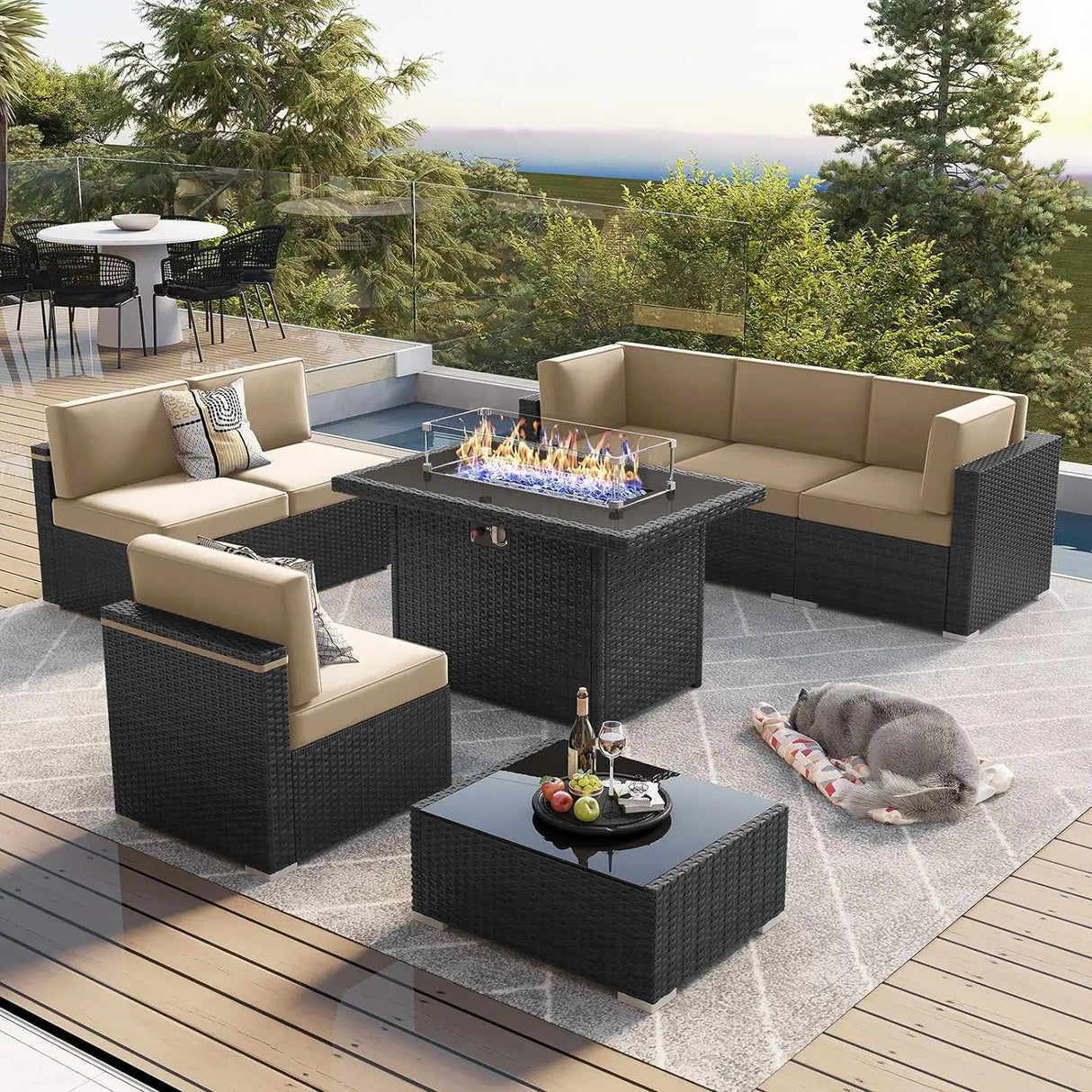 7/8 Pieces Outdoor Patio Furniture Set with  Fire Pit Table Rattan Sectional Sofa Conversation Sets Moden Set for Garden