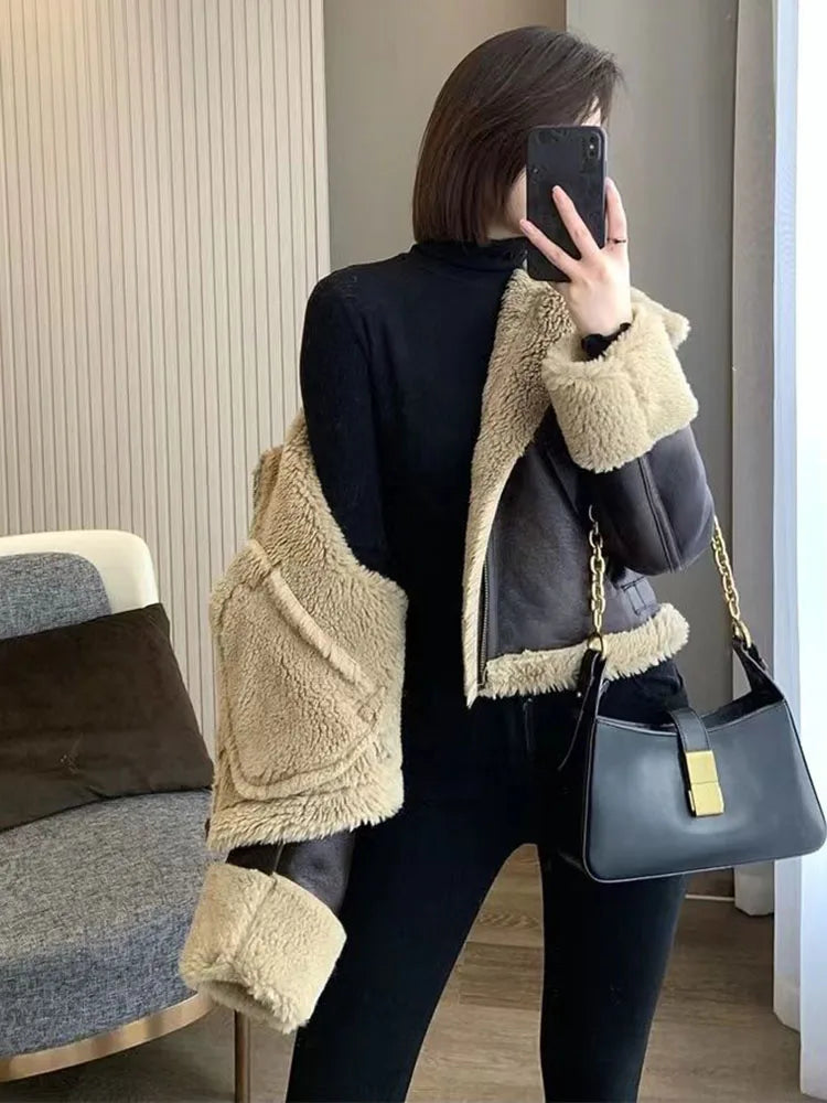 Winter Warm Waterproof Sheepskin Lamb Coat Thick Loose Parka Faux Fur Leather Jacket Female Plus Size Zipper Moto Biker Outwear