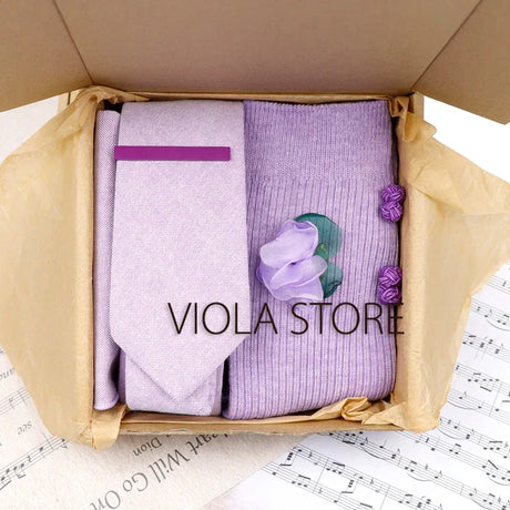 Viola Design 5PCS Gift Box Solid Cotton Sock Tie Sets Clip Pin Cufflinks Hanky Colorful Men Wedding Party Daily Cravat Accessory