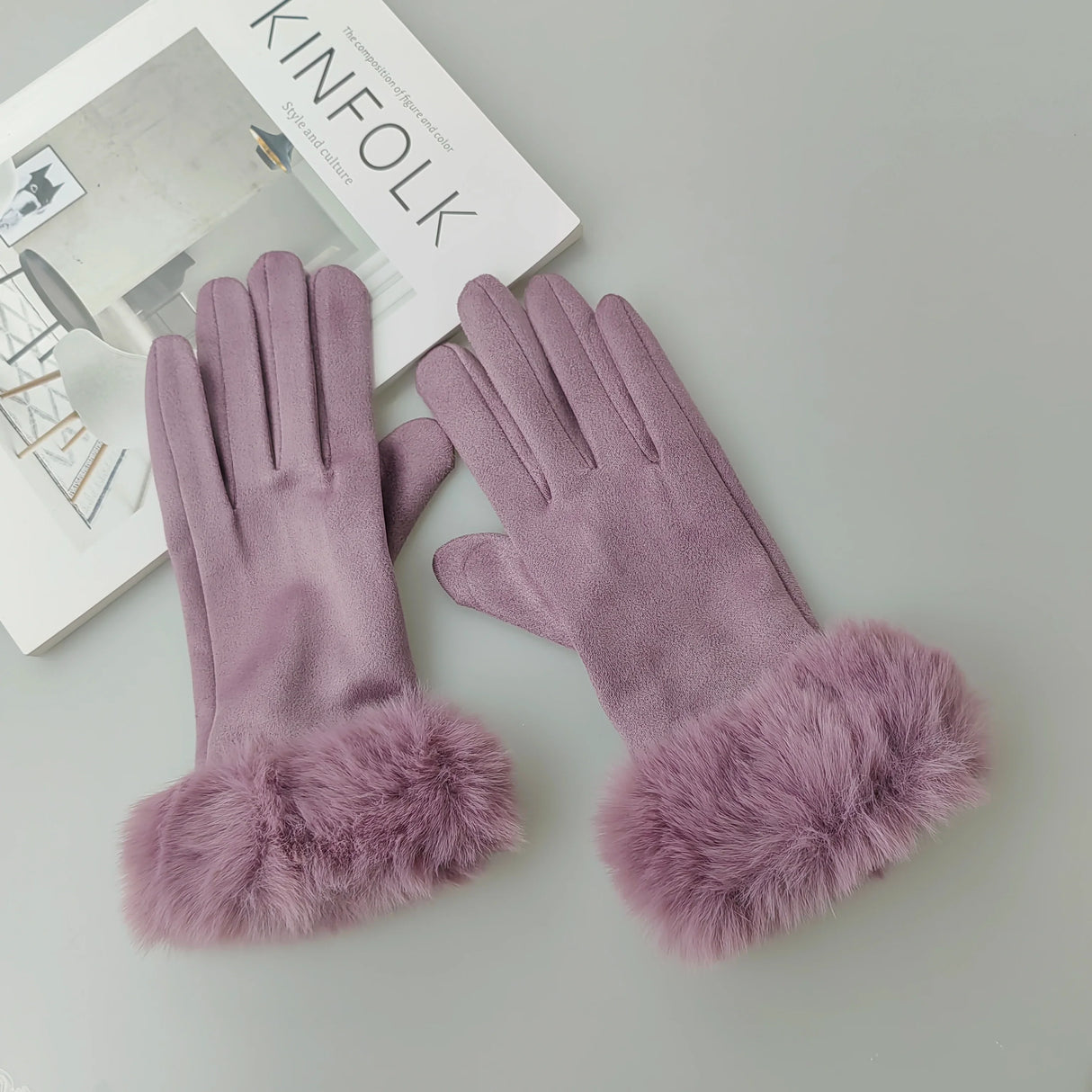 Women Faux Rabit Fur Wrist Suede Leather Touch Screen Driving Glove Winter Warm Plush Thick Full Finger Cycling Black Mitten H92