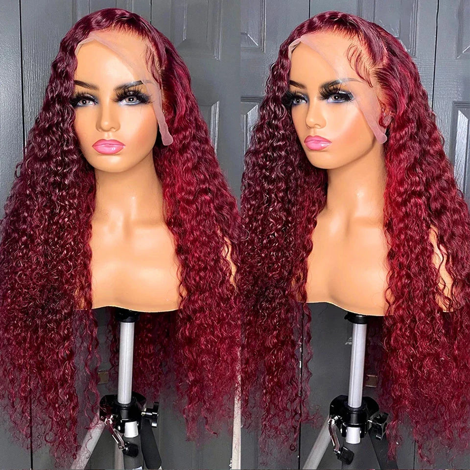 Water Wave Burgundy 13x6 Hd Lace Frontal Human Hair Wigs For Women Red Colored 13x4 Transparent Lace Curly Deep Wave Frontal Wig