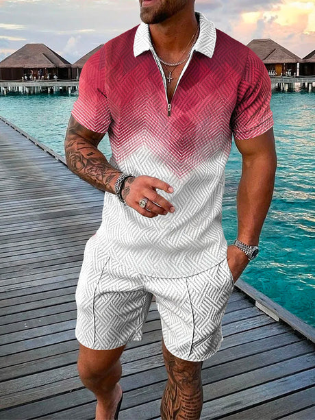 Men's Tracksuit Cotton Solid Color Short Sleeve Zipper Polo Shirt&Shorts Set for Men Casual Streetwear 2-piece Suit 2023 Summer