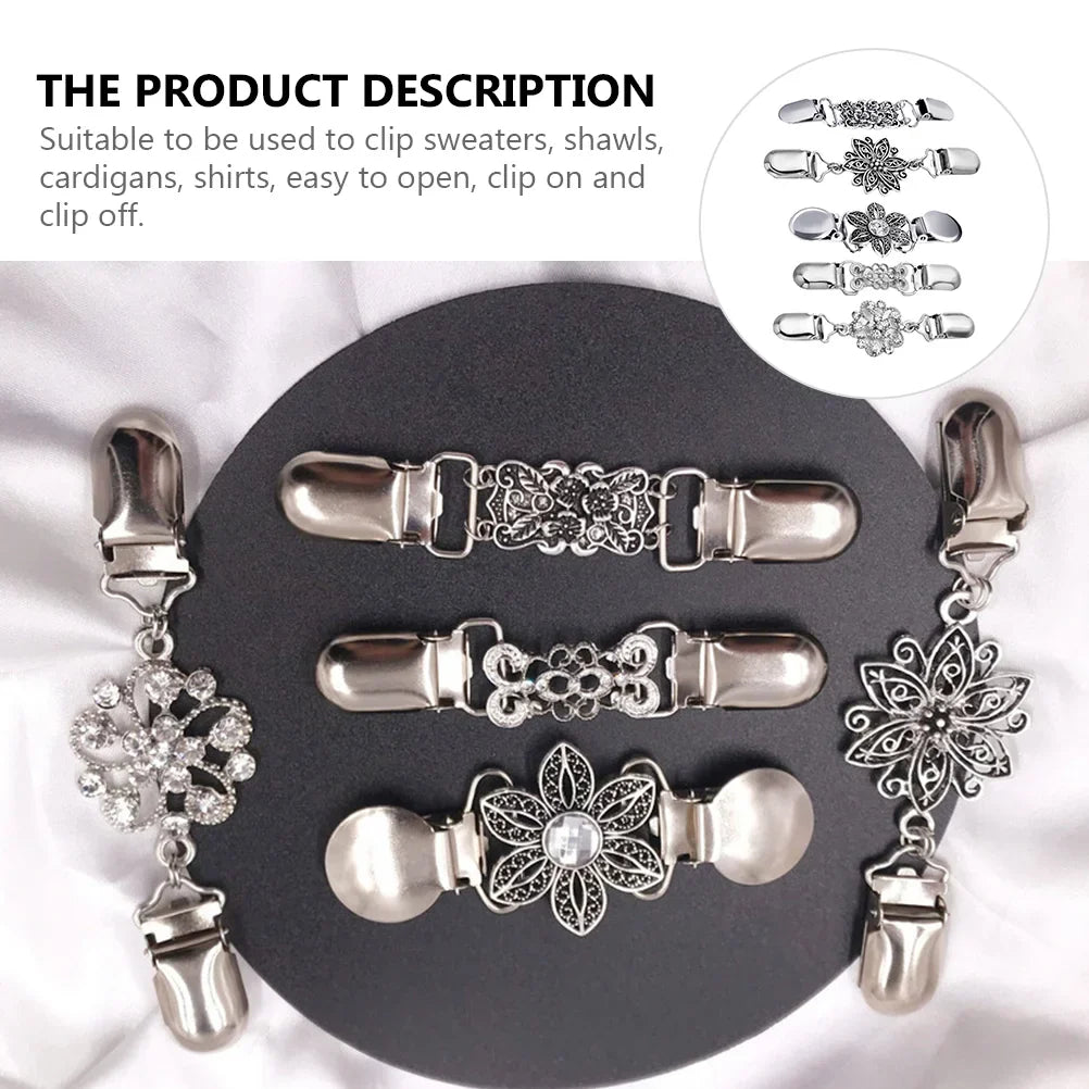 5 Pcs Alloy Sweater Clip Retro Scarf Vintage Cardigan Brooch Lapel Pin Jewelry Collar Material Miss Vest closure clips ladies