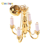 1:12 Dollhouse Miniature LED Ceiling Lamp Gold Chandelier Droplight Lighting Lights Battery Operated Furniture Model Decor Toy