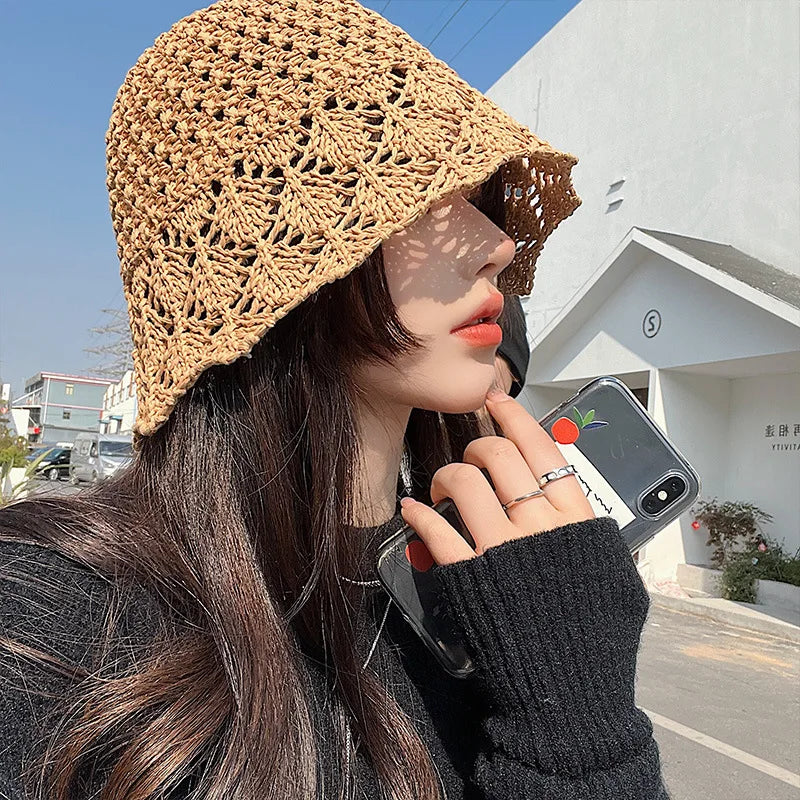 Korean v Niche Bucket Hat Female Summer Hollowed Out Woven Straw Hat Sun Proof Face Covering Fisherman Hat Korean Version Sun Vi