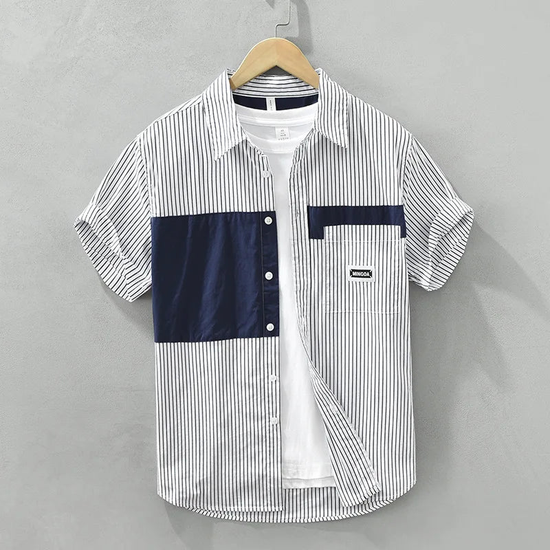 Summer New Striped Patchwork Shirt for Men Clothing 100% Cotton Cargo Casual Short Sleeve Streetwear C2777