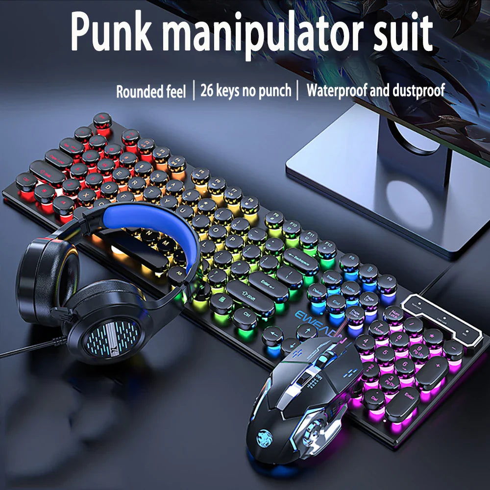 Three-piece Set Punk Gaming Keyboard and Mouse Earphone Set Luminous Keyboards 1600 DPI Mice Headset Combos Computer Accessories