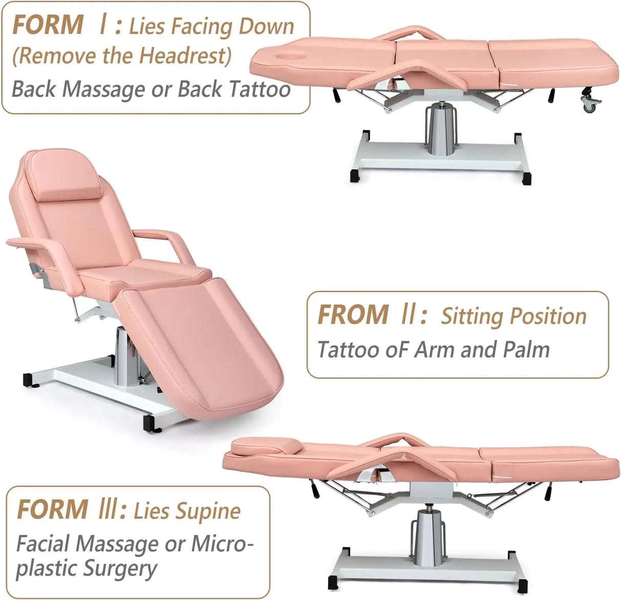 OmySalon Hydraulic Facial Bed Massage Table, Multi-Purpose 3-Section Tattoo Chair Esthetician Bed, Adjustable Beauty Salon Spa E